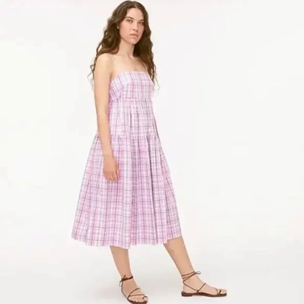 J Crew Tie Back Tiered Poplin Dress Violet/Pink Plaid Size 6